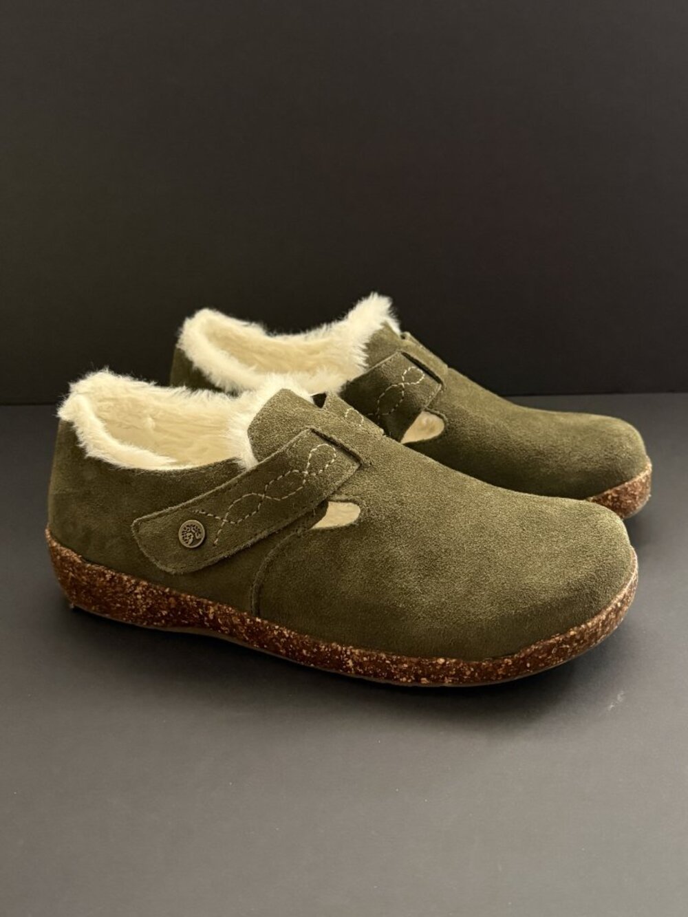 Earth Origins "Aurora Jade" Slip-On Clogs 7 Olive Suede Faux Fur BOHO